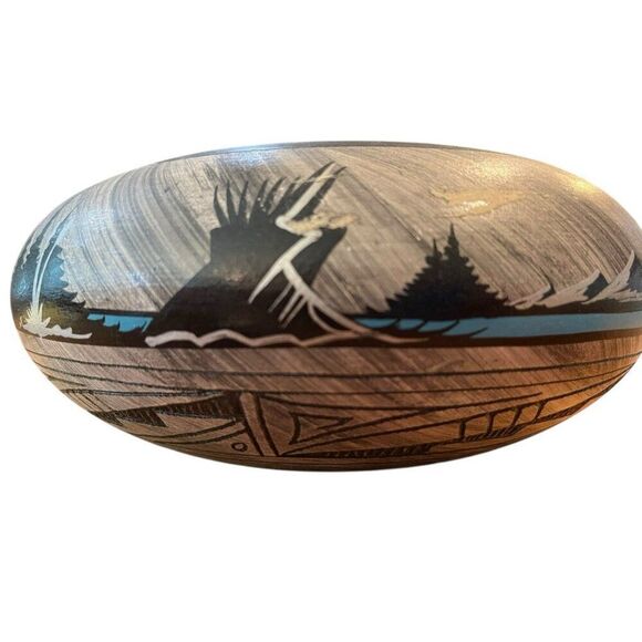 Navajo Pottery End Of The Trail Indian on Horse Mountains Black Turquoise Pot - Picture 7 of 11